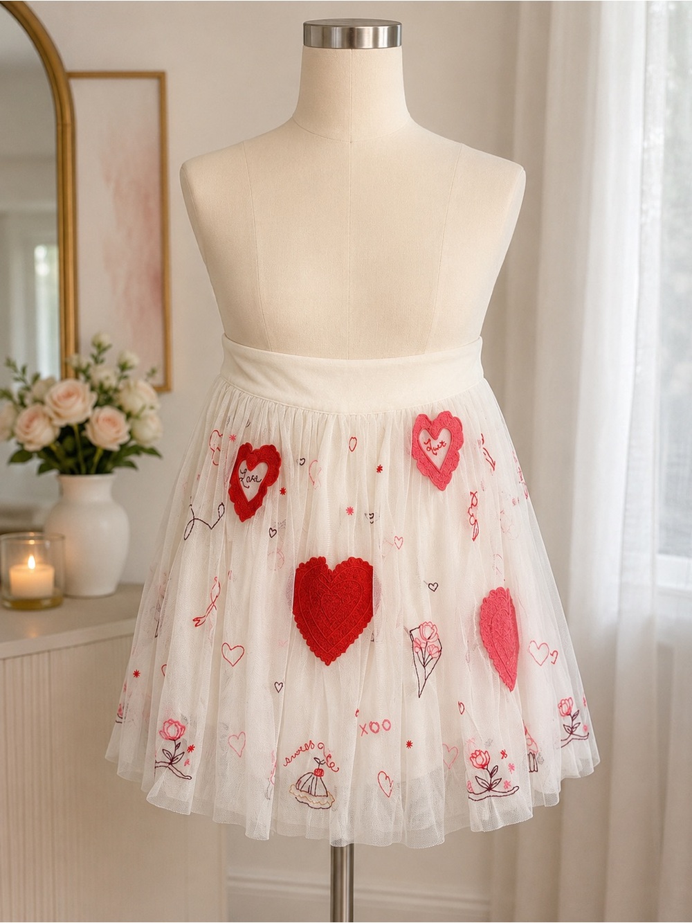 NWT Free People Heart Embroidered Tulle Mini Skirt White Pink Romantic S